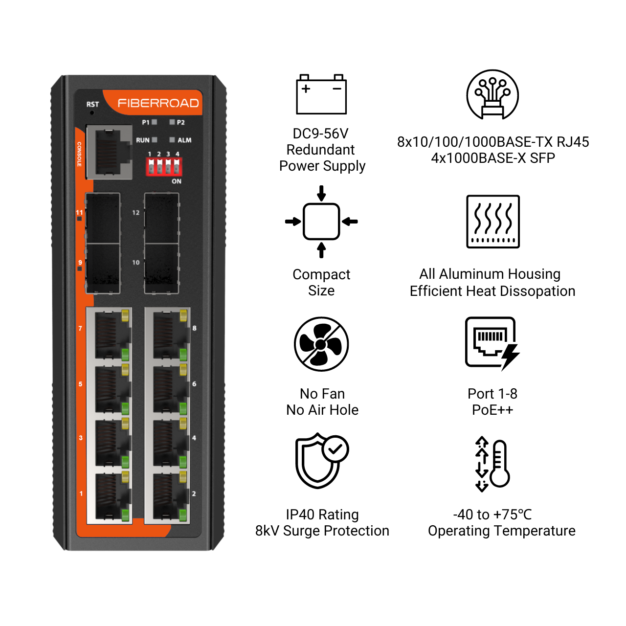 Managed PoE Switch, 8 Port Industrial PoE Switch