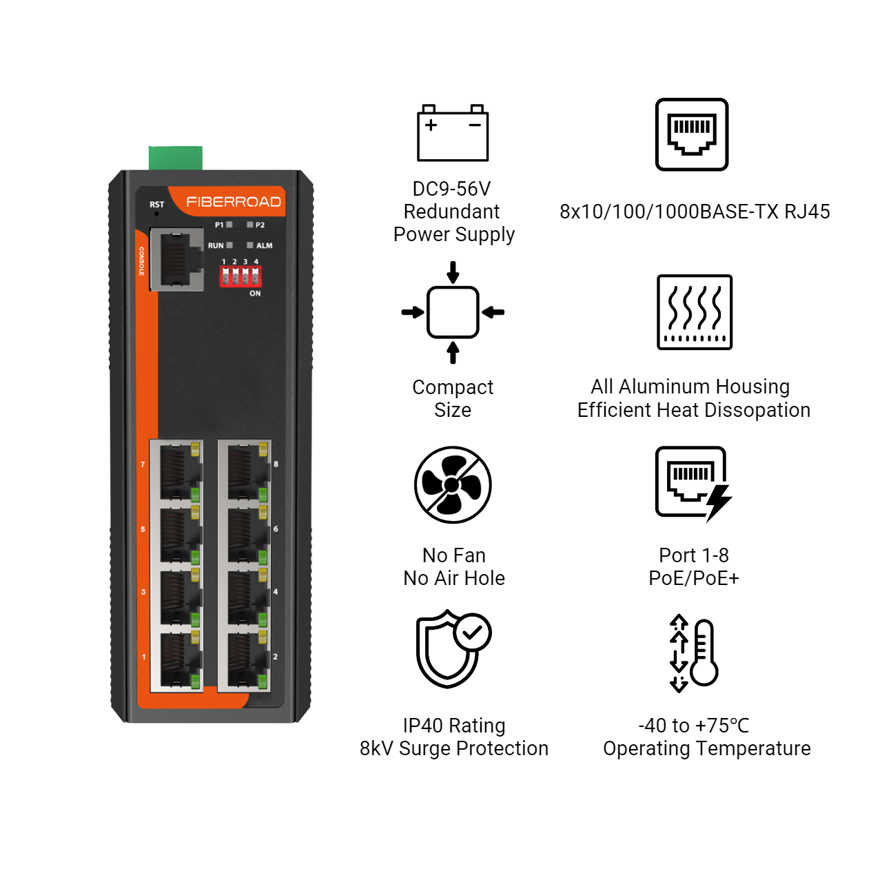 8 Port Managed Industrial 24v PoE Switch | Fiberroad